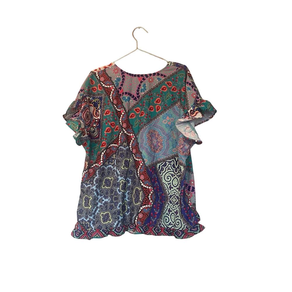 Umgee Mixed Print V-Neck Ruffle Sleeve Blouse - Large - Picture 3 of 6